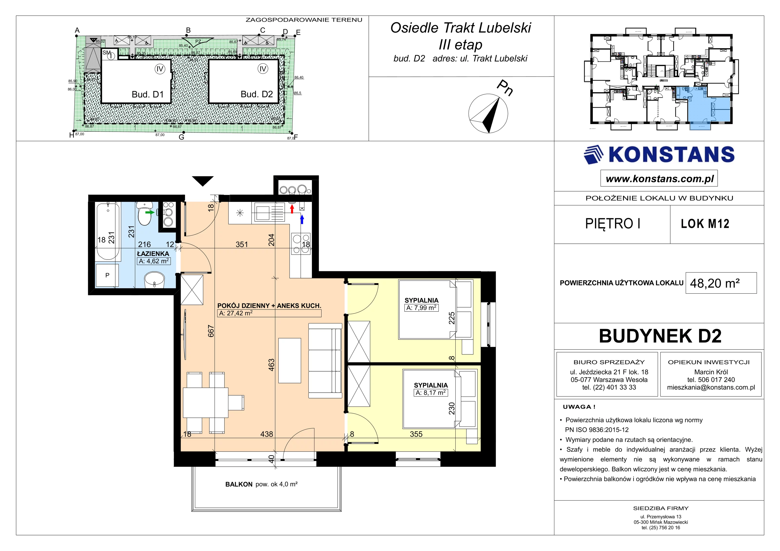 3 pokoje, mieszkanie 48,20 m², piętro 1, oferta nr D2.12, Trakt Lubelski Etap III, Warszawa, Wawer, Zbytki, ul. Trakt Lubelski 181C/181D